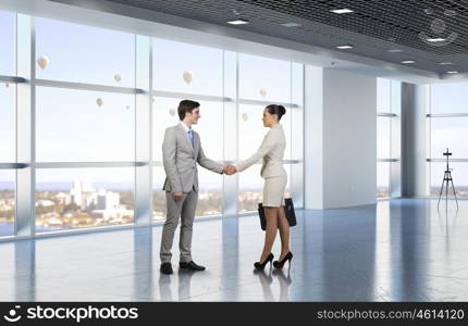 Two business partners shaking hands. Professional business people shaking hands as symbol of deal in office