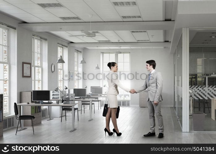 Two business partners shaking hands. Professional business people shaking hands as symbol of deal in office