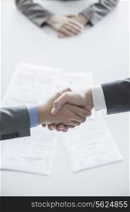 Two business people shaking hands over the table, hands only
