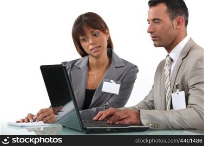Two business visitors working with laptop