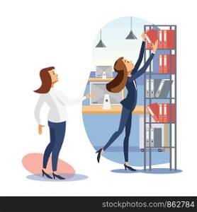 Two Business Woman, Female Colleagues Working Together with Documents in Office Flat Vector Illustration. Director Asking Employee to Get Binder From Shelf. Capricious Boss, Company Trainee Concept