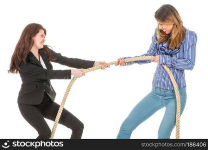 Two business woman pulling at a rope isolated at white background