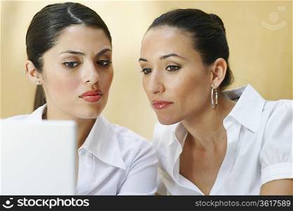 Two business women using laptop in office