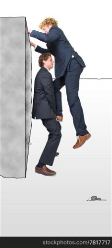 Two businessman helping eachother climb a platform, illustrating the overcoming of obstacles with teamwork.