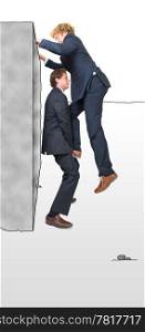 Two businessman helping eachother climb a platform, illustrating the overcoming of obstacles with teamwork.