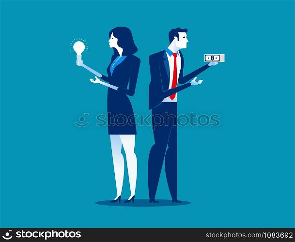 Two businessman holding money and ideas. Concept business vector illustration.