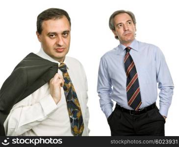 two businessman isolated on white, focus on the left man