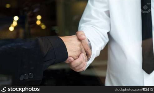 Two businessman shaking hands greeting each other.