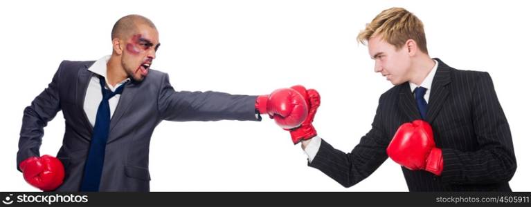 Two businessmen boxing isolated on the white