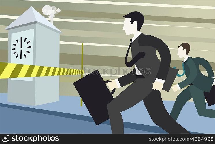 Two businessmen holding briefcases and running
