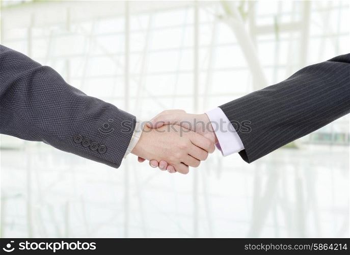 two businessmen in a handshake, at the office