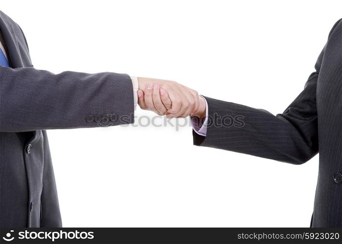 two businessmen in a handshake, isolated on white
