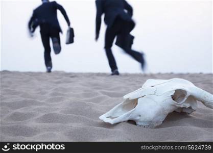 Two businessmen running away from an animal skull in the middle of the desert