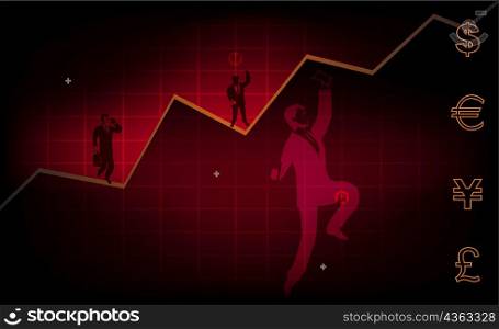 Two businessmen standing on a line graph