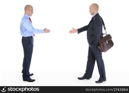 Two businessmen stretched out their hands for a handshake. Isolated on white background