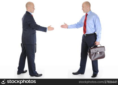 Two businessmen stretched out their hands for a handshake. Isolated on white background