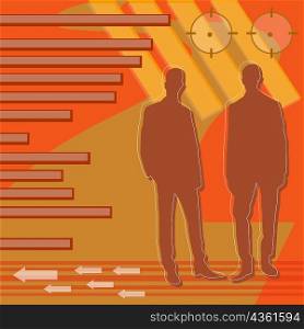 Two businessmen with a bar graph and arrow signs