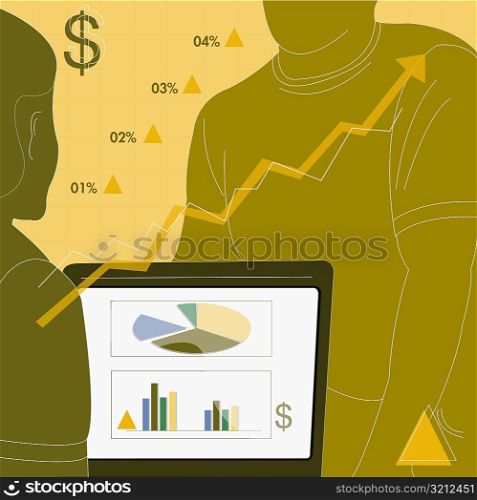 Two businessmen with a laptop displaying a pie chart and bar graphs