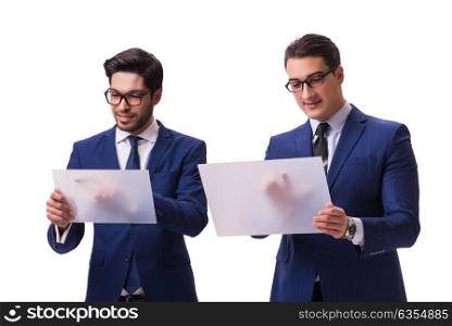 Two businessmen with virtual tablets isolated on white