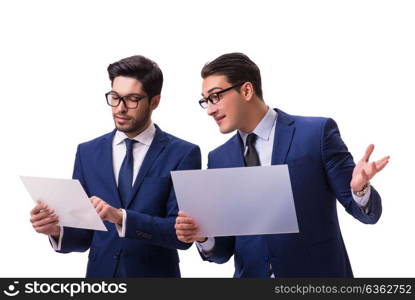 Two businessmen with virtual tablets isolated on white