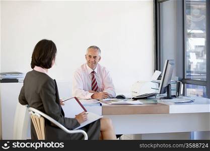 Two businesspeople having meeting in office.