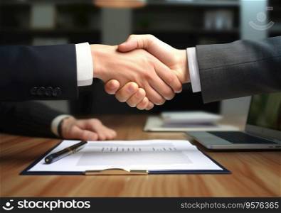 Two Businesspeople shaking hands with document background. businessmen are agreeing on business together and shaking hands after a successful negotiation.