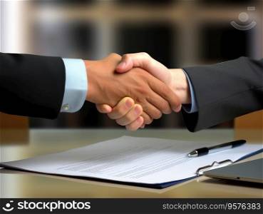 Two Businesspeople shaking hands with document background. businessmen are agreeing on business together and shaking hands after a successful negotiation.