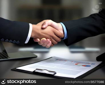 Two Businesspeople shaking hands with document background. businessmen are agreeing on business together and shaking hands after a successful negotiation.