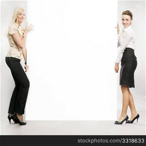 Two businesswomen carrying a white board