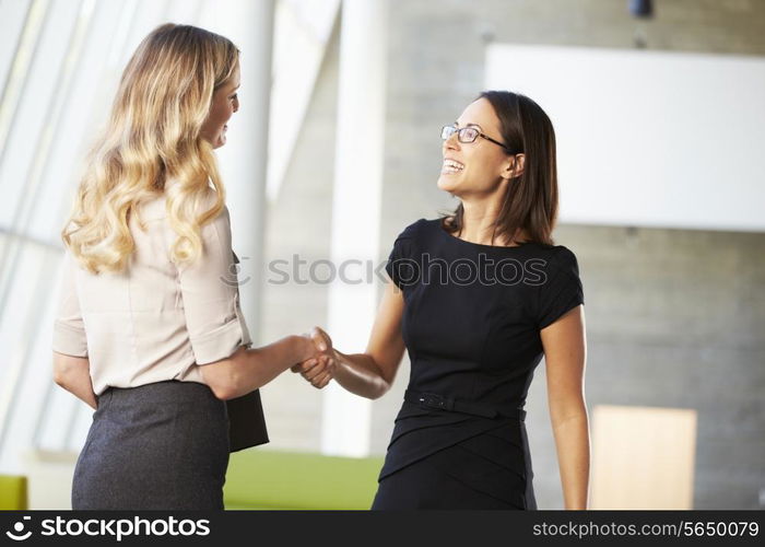 Two Businesswomen Shaking Hands In Modern Office