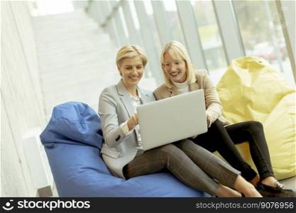 Two businesswomen working on laptop on lazy bags in the modern office