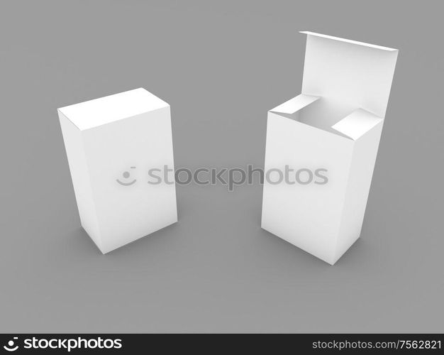 Two cardboard boxes for goods on a gray background. 3d render illustration.. Two cardboard boxes for goods on a gray background.