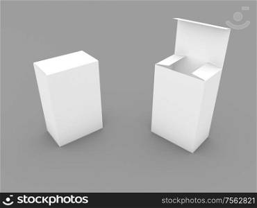 Two cardboard boxes for goods on a gray background. 3d render illustration.. Two cardboard boxes for goods on a gray background.
