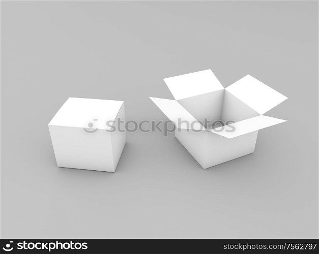 Two cardboard boxes mock up on gray background. 3d render illustration.. Two cardboard boxes mock up on gray background.
