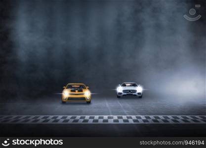 Two cars race track finish line racing on night