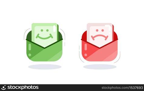 Two cartoon colorful mail envelope with smiley bad and good news isolated on white background. Emoji web smile and sad letter message vector graphic illustration. Icon with different emotions. Two cartoon colorful mail envelope with smiley bad and good news isolated on white background