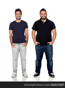 Two casual guys with black hair and beard isolated on a white background