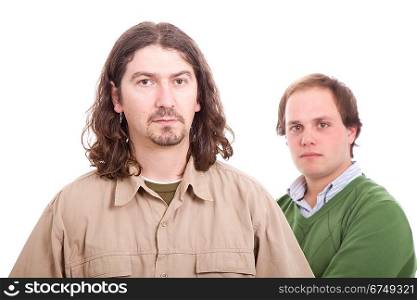 Two casual men posing, isolated over white background