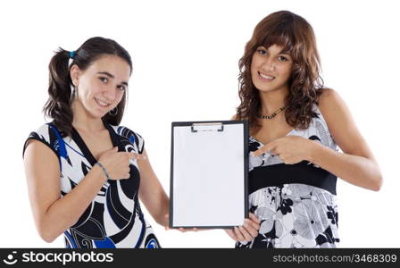Two casual teenagers whit clipboard - can you write your text -
