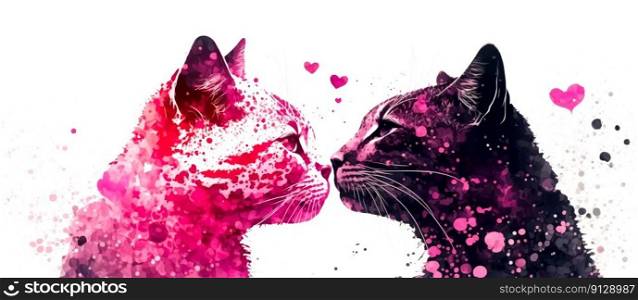 Two cats and flying hearts. Watercolor effect. Valentine&rsquo;s Day, love. Couple, relationship. Postcard, greeting card design. Generative AI. Two cats and flying hearts. Watercolor effect. Valentine&rsquo;s Day, love. Couple, relationship. Postcard, greeting card design. Generative AI.