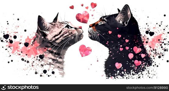 Two cats and flying hearts. Watercolor effect. Valentine’s Day, love. Couple, relationship. Postcard, greeting card design. Generative AI. Two cats and flying hearts. Watercolor effect. Valentine’s Day, love. Couple, relationship. Postcard, greeting card design. Generative AI.