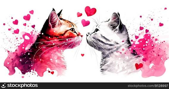 Two cats and flying hearts. Watercolor effect. Valentine’s Day, love. Couple, relationship. Postcard, greeting card design. Generative AI. Two cats and flying hearts. Watercolor effect. Valentine’s Day, love. Couple, relationship. Postcard, greeting card design. Generative AI.