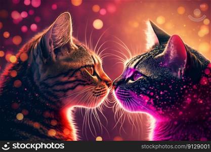 Two cats are kissing. Beautiful light, bokeh effect. Valentine’s Day, love. Couple, relationship. Postcard, greeting card design. Generative AI. Two cats are kissing. Beautiful light, bokeh effect. Valentine’s Day, love. Couple, relationship. Postcard, greeting card design. Generative AI.
