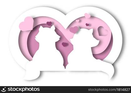 two cats in love are sitting on the beach, admiring the sunset, shadows, Valentine&rsquo;s Day in paper style