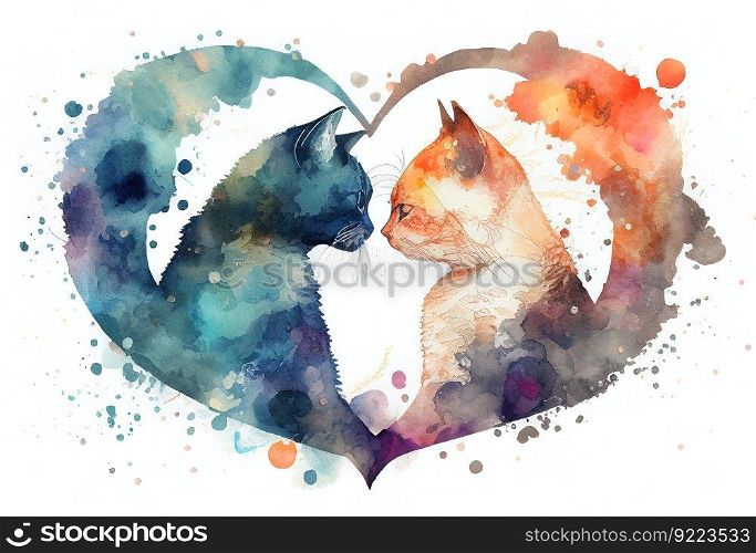 Two cats kissing in the shape of a heart Valentines illustration. AI generative.