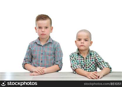 two Caucasian boys ,brothers in plaid shirts posing on a light isolated background. looking into the camera