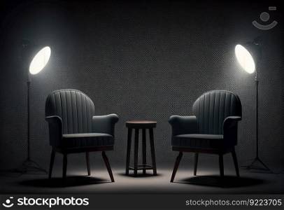 Two chairs and spotlights in podcast or interview illustration. Ai genrative.