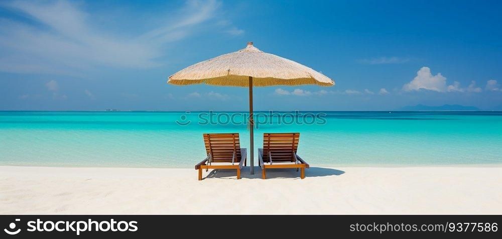 Two chairs under umbrella in tropical beach with a beautiful ocean view. Summer time background with copyspace. Summer banner. Generative AI