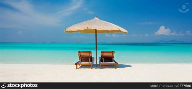 Two chairs under umbrella in tropical beach with a beautiful ocean view. Summer time background with copyspace. Summer banner. Generative AI