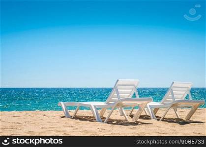 Two chaise-longues on the beach without people. Two chaise-longues on the beach